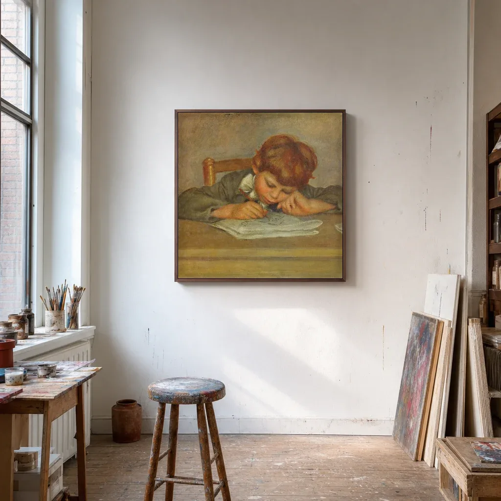 Framed print of A Little Boy Writing hanging on a wall in a furnished room
