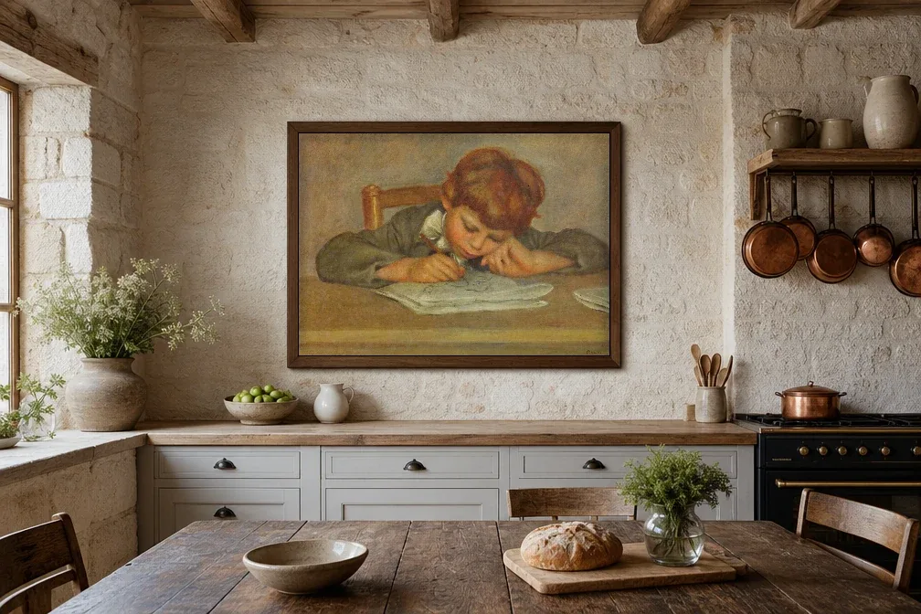 Framed print of A Little Boy Writing hanging on a wall in a furnished room