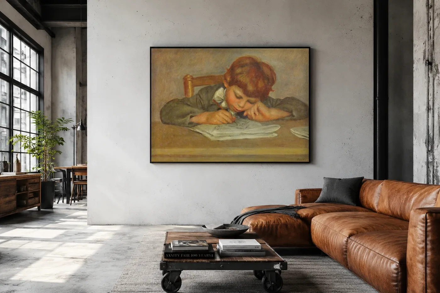 Framed print of A Little Boy Writing hanging on a wall in a furnished room