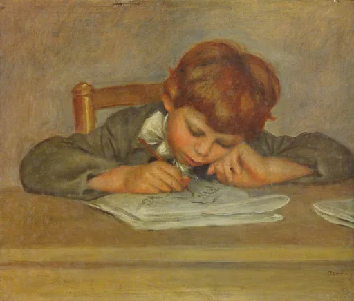 A red-haired boy leans low over a table writing on paper with a pen, chin resting on his hand, in warm brown and ochre tones
