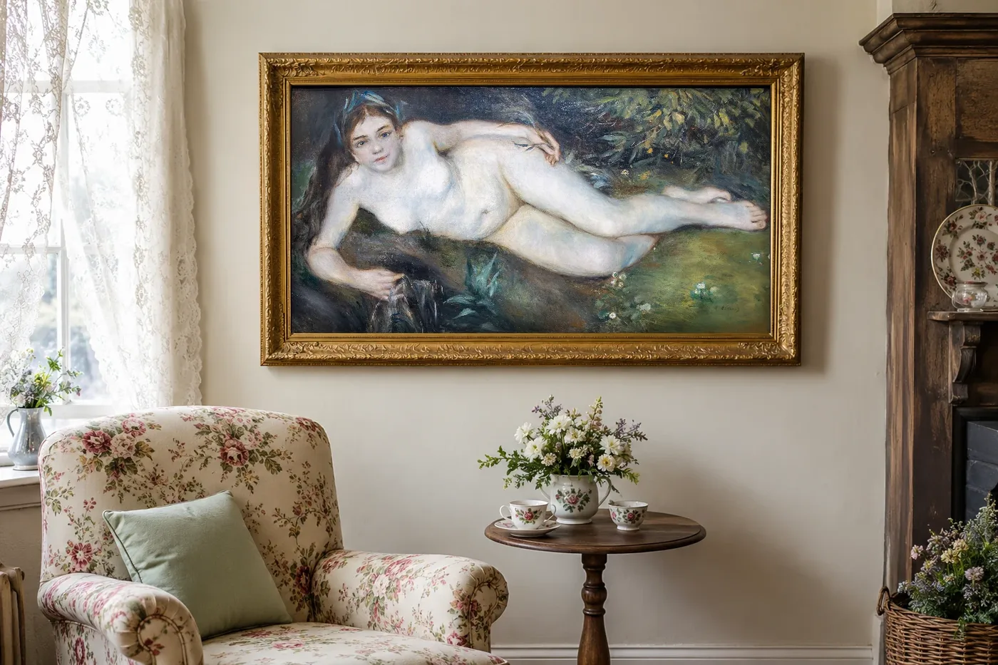 Framed print of A Nymph by a Stream hanging on a wall in a furnished room