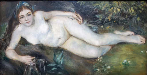 A reclining nude nymph with a leafy headband stretched beside a dark stream in a forest clearing, in pale ivory, deep green, and brown