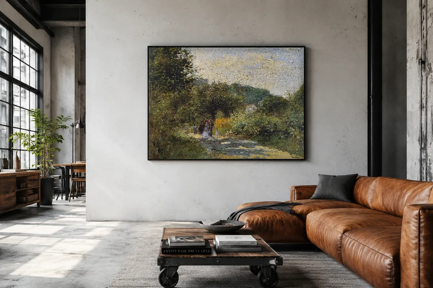 Framed print of A Road in Louveciennes hanging on a wall in a furnished room