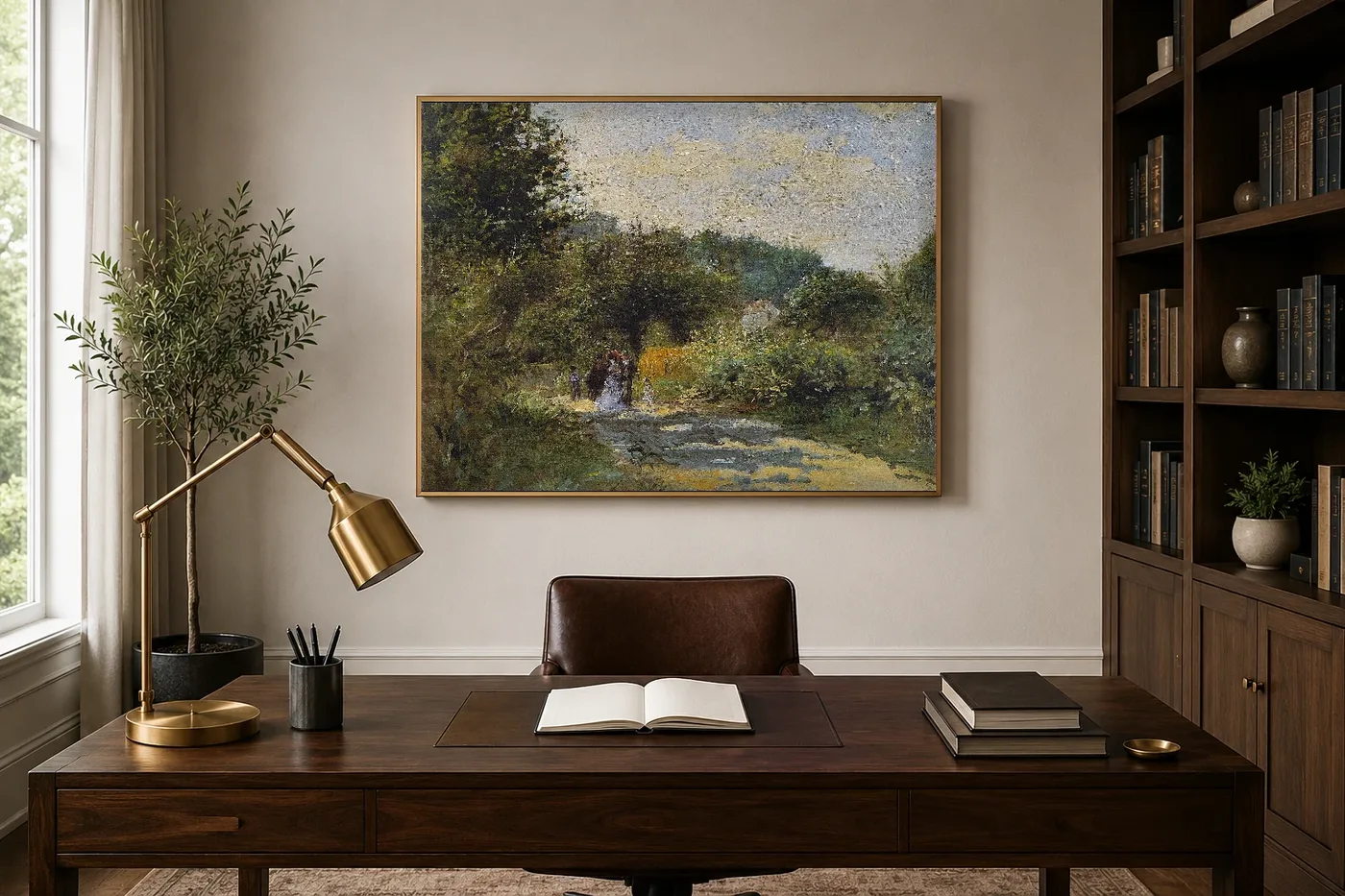 Framed print of A Road in Louveciennes hanging on a wall in a furnished room