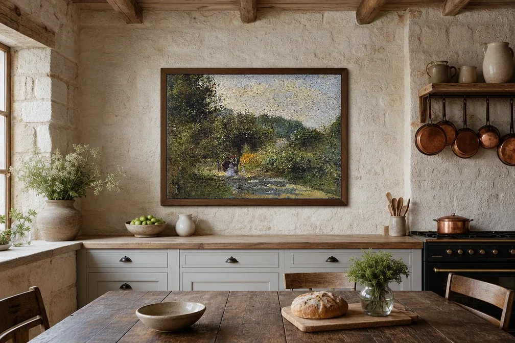 Framed print of A Road in Louveciennes hanging on a wall in a furnished room