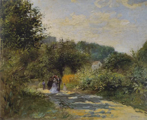 A small group of figures with a red parasol walks a sandy road past a white house tucked among trees, in green, gold and soft blue