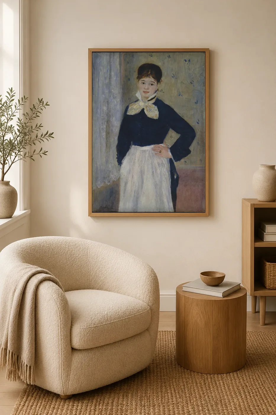 Framed print of A Waitress at Duval’s Restaurant hanging on a wall in a furnished room