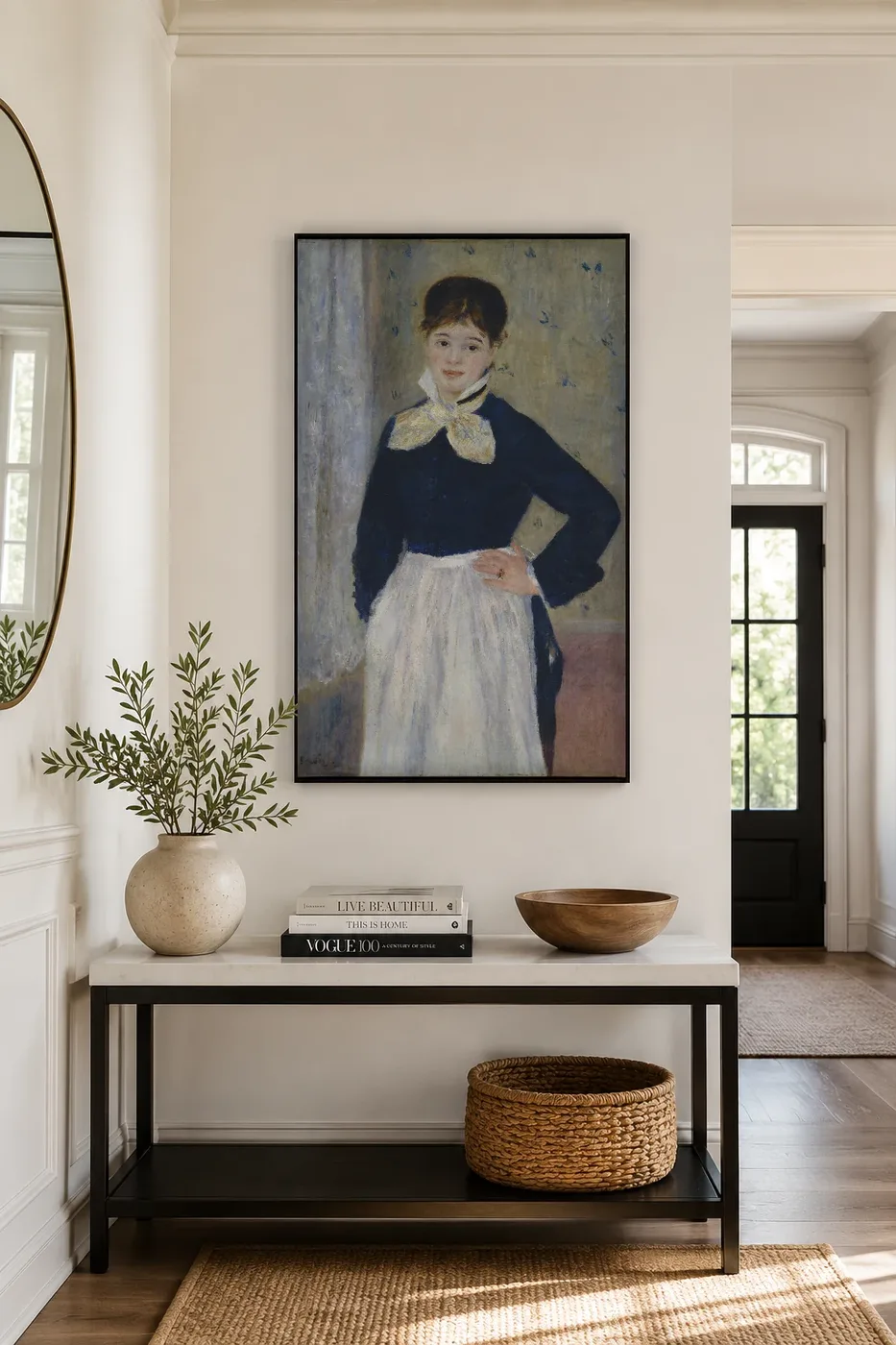 Framed print of A Waitress at Duval’s Restaurant hanging on a wall in a furnished room