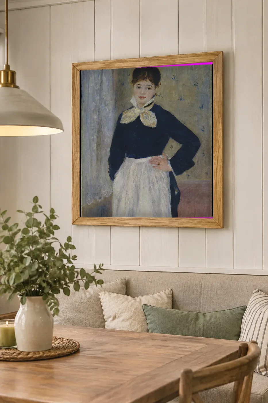 Framed print of A Waitress at Duval’s Restaurant hanging on a wall in a furnished room