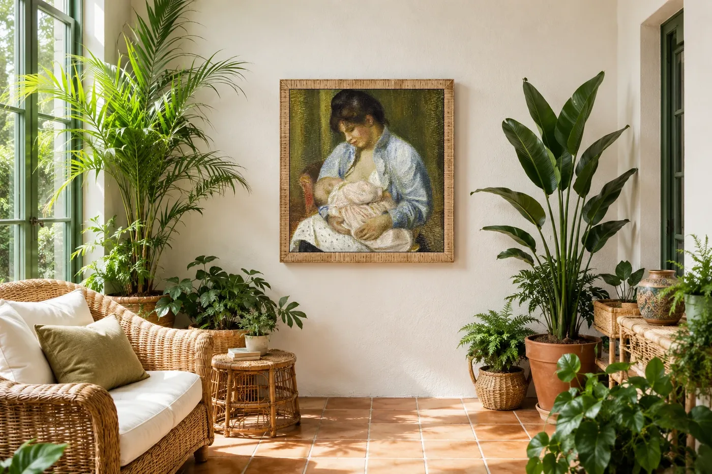 Framed print of A Woman Nursing a Child hanging on a wall in a furnished room