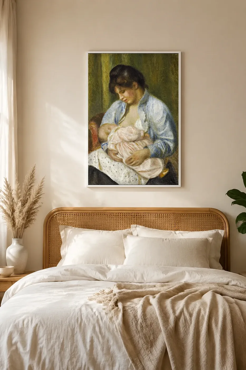 Framed print of A Woman Nursing a Child hanging on a wall in a furnished room