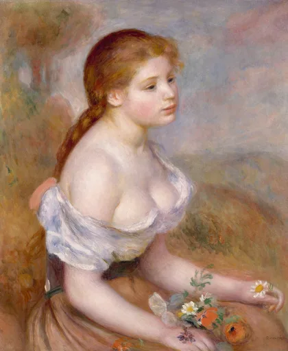 A young woman with auburn hair in an off-the-shoulder white blouse, arranging white daisies on a table, in soft pink and ochre tones