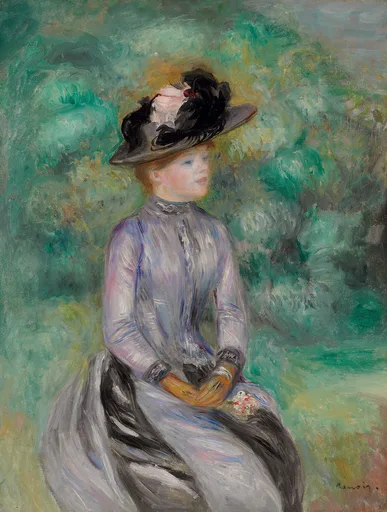 A young woman in a lavender-grey dress and black feathered hat sits with gloved hands folded, against a leafy green garden backdrop