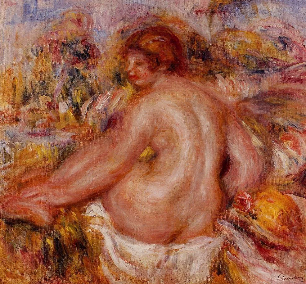 A seated nude woman seen from behind turns her head in profile, painted in warm rose and amber tones amid garden foliage