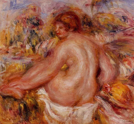 A seated nude woman seen from behind turns her head in profile, painted in warm rose and amber tones amid garden foliage