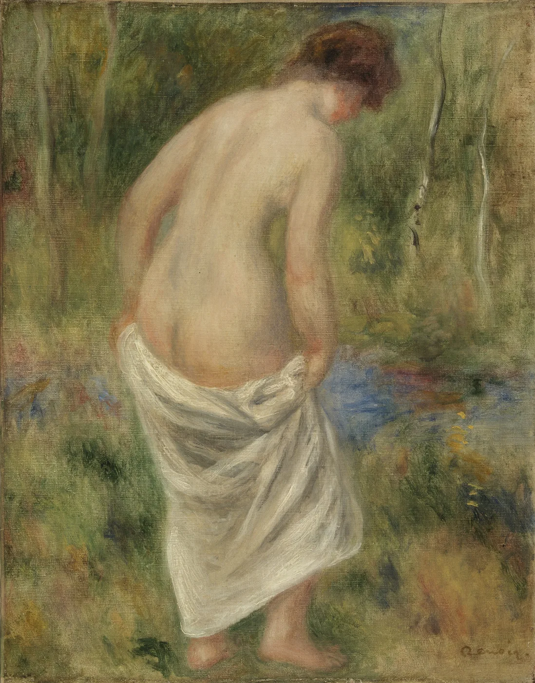 A bather seen from behind bends forward with a white cloth draped around her hips, standing in a green wooded setting