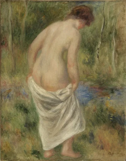 A bather seen from behind bends forward with a white cloth draped around her hips, standing in a green wooded setting