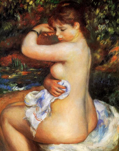 A seated nude wearing a black bracelet dries herself with a white cloth, auburn hair pinned up, against a wooded backdrop