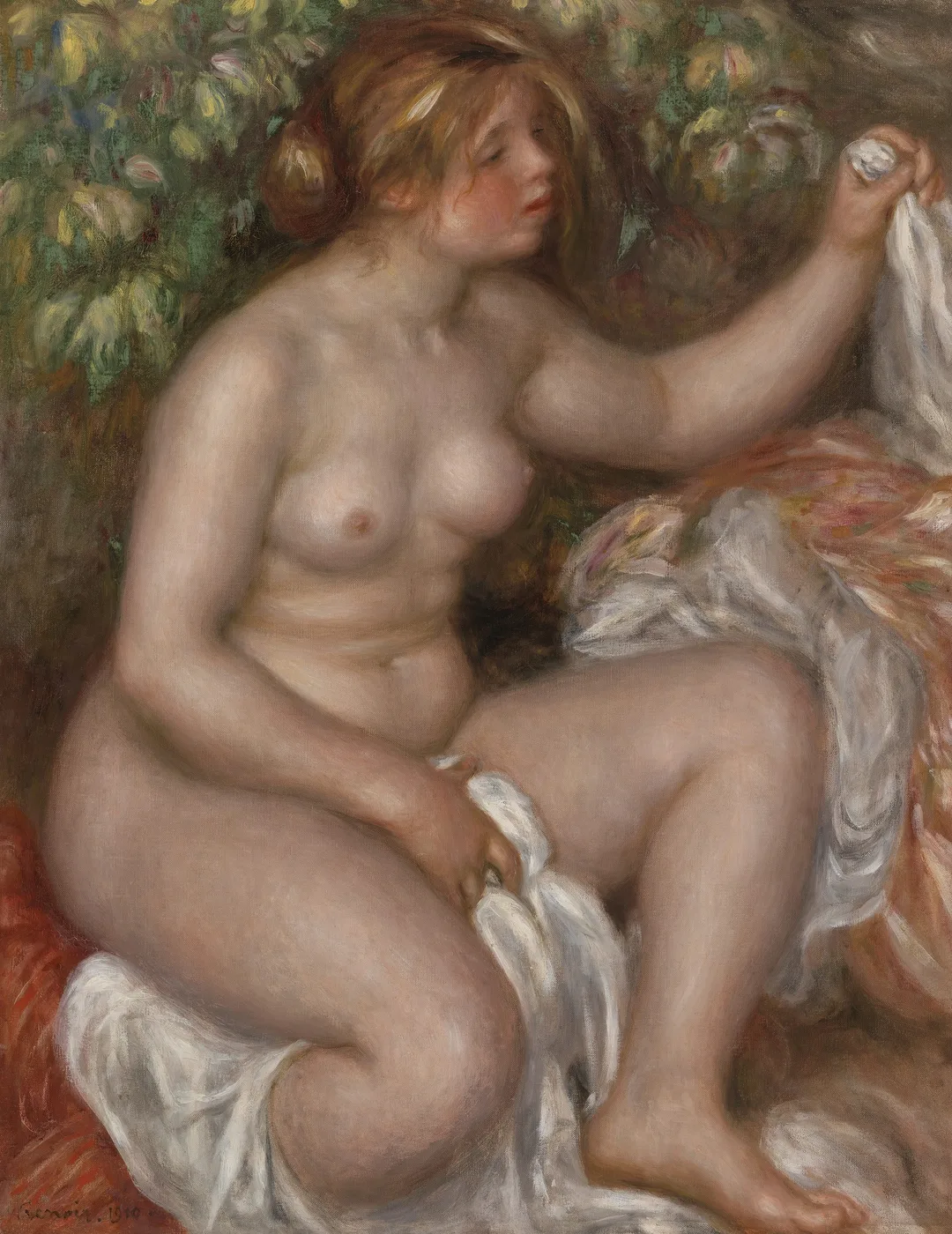 A seated nude bather drying herself with a white cloth against a leafy backdrop, in pale flesh tones, green, and warm red