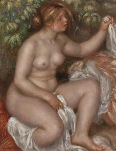 A seated nude bather drying herself with a white cloth against a leafy backdrop, in pale flesh tones, green, and warm red