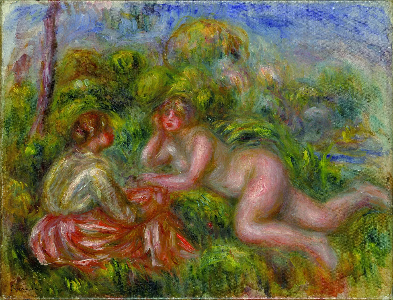 Two bathers rest on a riverbank, one nude reclining and one clothed in red seated beside her, amid dense green foliage near water