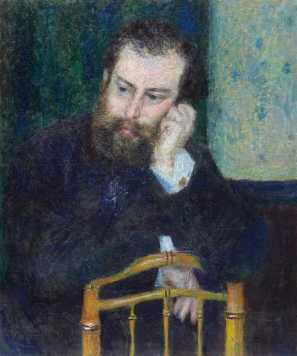 A pensive bearded man in a dark coat resting his head on his hand, leaning on a wooden chair back, against a deep green and teal background