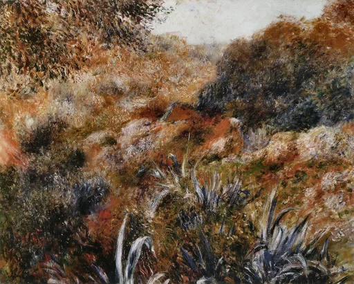 A dense Algerian ravine choked with scrubby brush and spiky agave leaves beneath a pale sky, painted in rust orange, brown, and dark green.