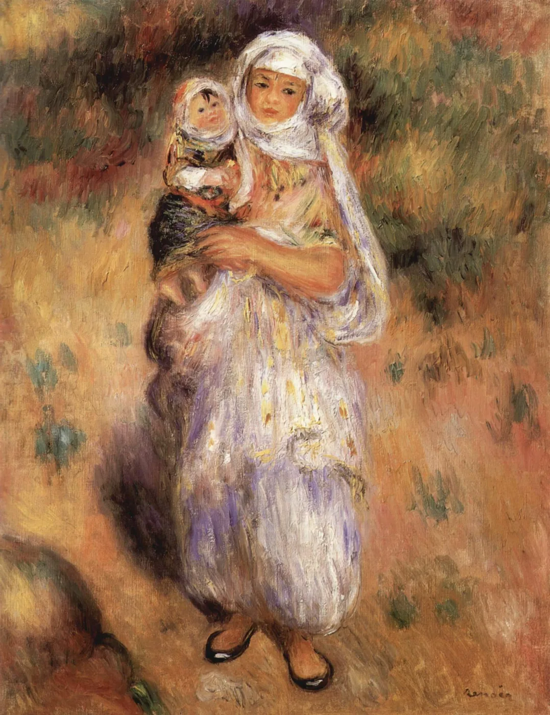 A woman in a white headscarf and flowing white robe stands carrying a child on her hip, against a warm ochre landscape