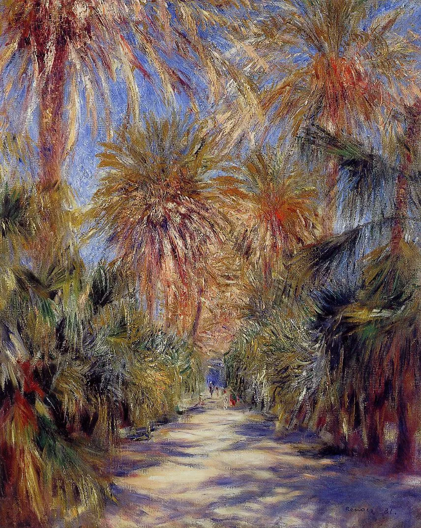 A sunlit path lined with tall palm trees leads toward tiny distant figures, painted in warm orange, gold, and blue tones