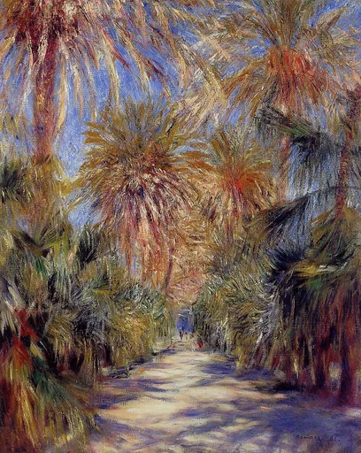 A sunlit path lined with tall palm trees leads toward tiny distant figures, painted in warm orange, gold, and blue tones