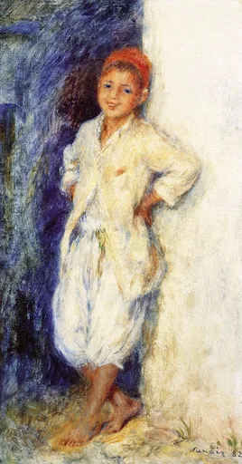 A barefoot boy in a red cap and loose white robe stands with hands on hips against a wall, half shadowed blue and half sunlit cream