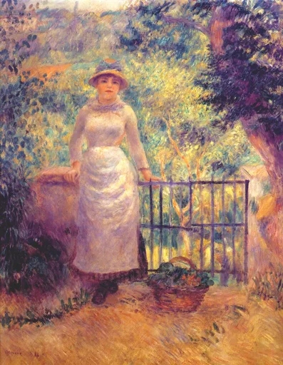 A woman in a white dress and straw hat stands beside a garden gate with a basket at her feet, amid lush green foliage