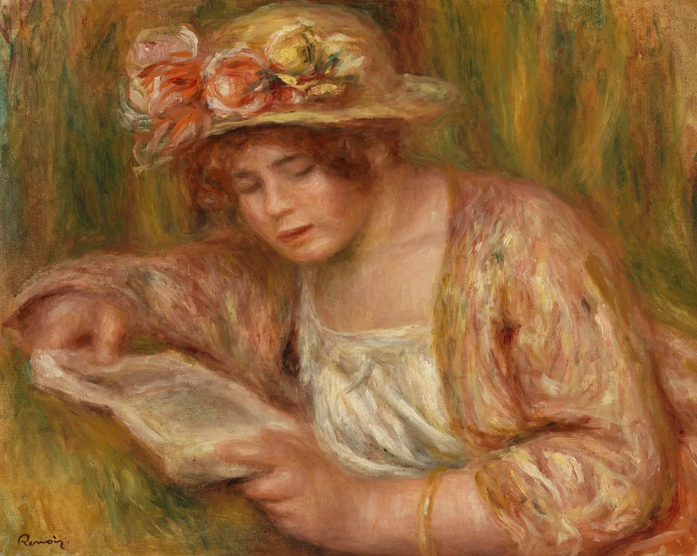 A young woman in a straw hat trimmed with pink and yellow flowers reads a book, in warm ochre, green and rose tones