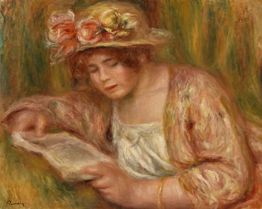 A young woman in a straw hat trimmed with pink and yellow flowers reads a book, in warm ochre, green and rose tones
