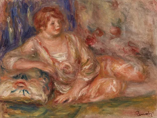 A woman in a loose pink chemise reclines against pillows with legs stretched out, in warm pink and peach flesh tones