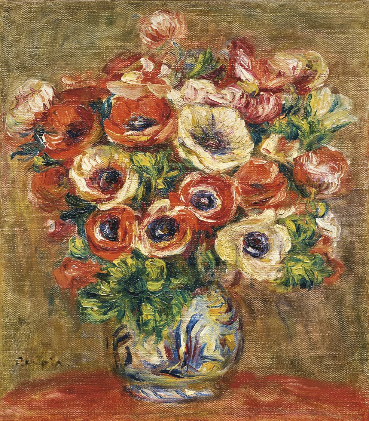 A dense bouquet of red, white and pink anemones in a blue-and-white patterned vase, against an olive background
