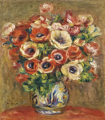 A dense bouquet of red, white and pink anemones in a blue-and-white patterned vase, against an olive background