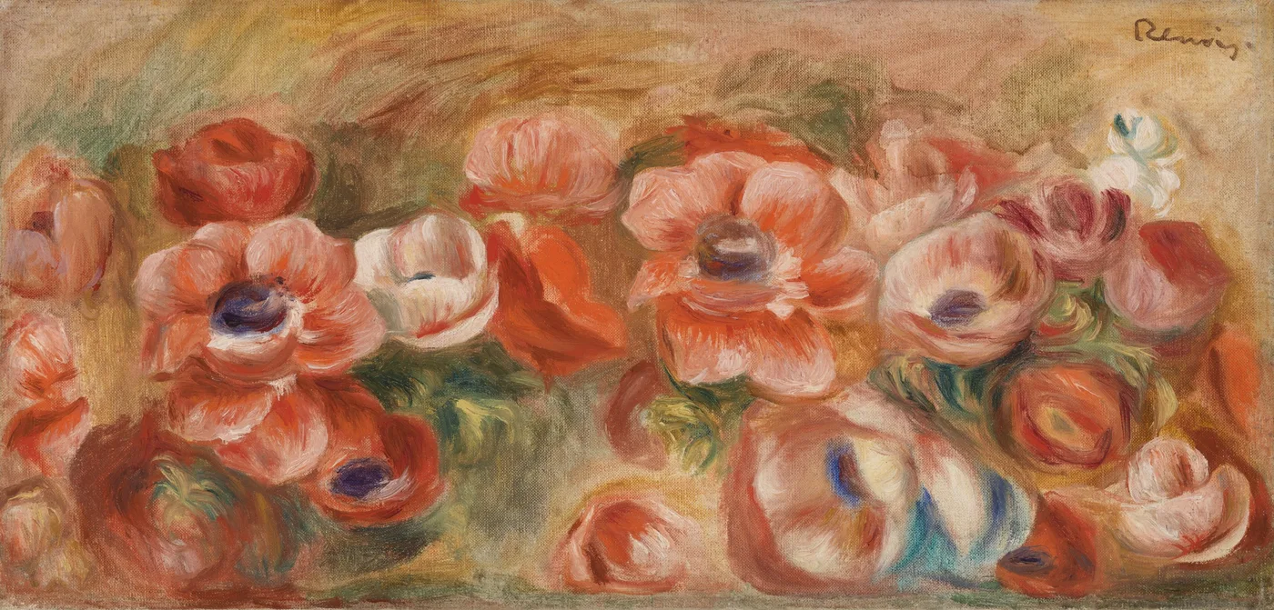 A row of red and white anemones with dark centres against green foliage, painted in a loose horizontal band