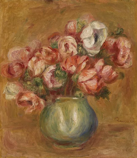 A bouquet of pink and white roses in a round pale green vase, against a warm ochre background