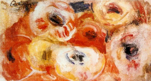 A loose close-up study of red and cream anemones with dark centres against a warm orange background