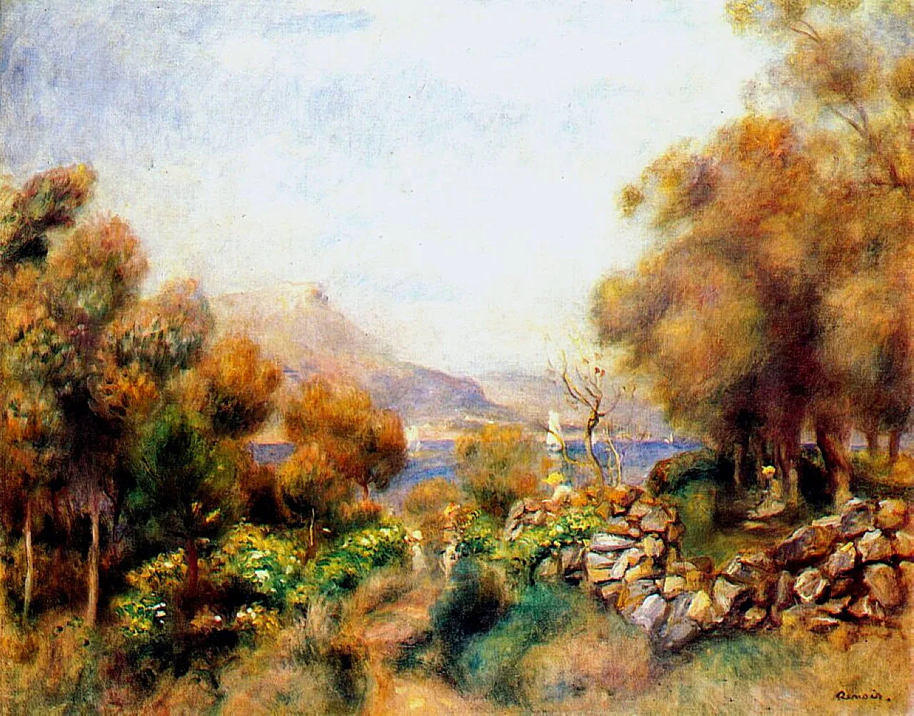 A coastal hillside with a low stone wall among trees and flowering shrubs, a bay and distant headland beyond, in ochre, green and pale blue