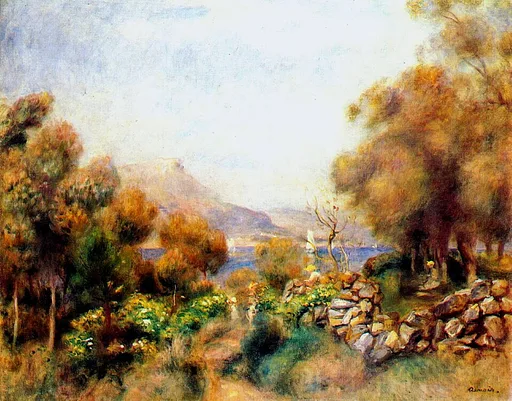 A coastal hillside with a low stone wall among trees and flowering shrubs, a bay and distant headland beyond, in ochre, green and pale blue
