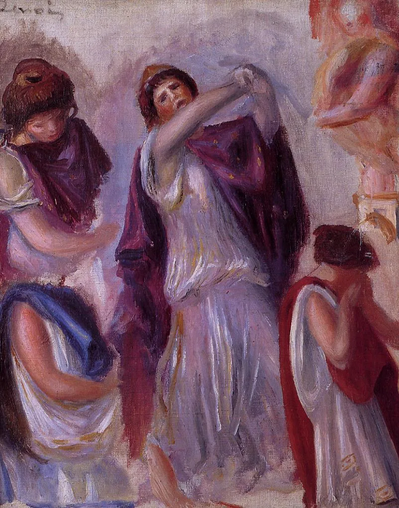 A group of classically draped women arranging robes in an ancient scene, in deep purple, red, and pale cream
