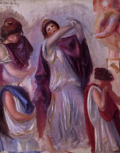 A group of classically draped women arranging robes in an ancient scene, in deep purple, red, and pale cream