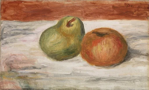 A green pear and a red apple resting side by side on a white cloth, with a brick-red backdrop above