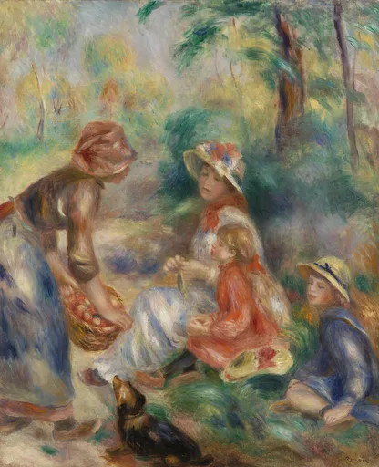 A woman offers a basket of apples to a seated mother and two children with a small dog, in a wooded clearing in green and rust tones