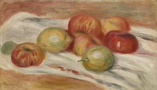 Apples, lemons and a small plum scattered on a white cloth, with a dark red apple set apart on the right