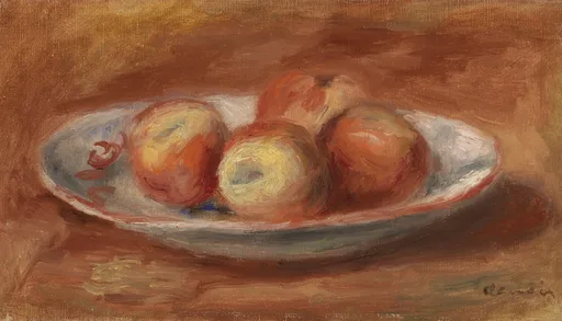 Five apples heaped on a white and blue oval dish, set against a warm brown tablecloth and background