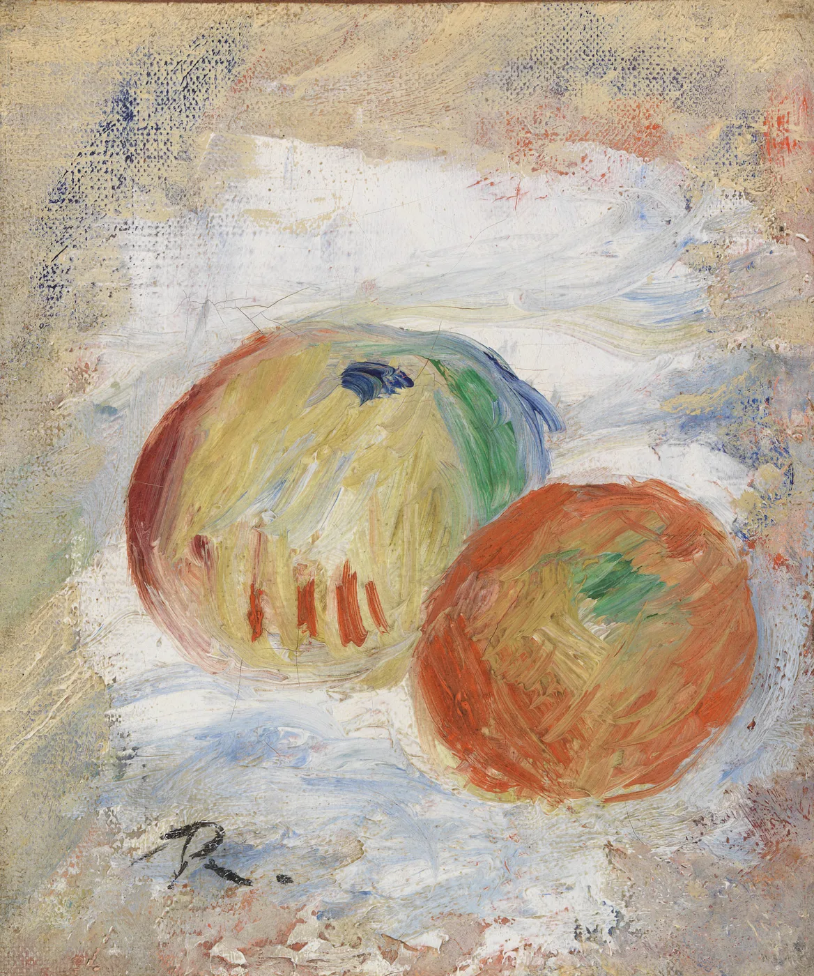 Two round apples, one greenish yellow and one orange red, resting on a white cloth streaked with pale blue