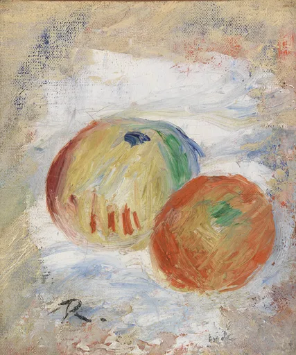 Two round apples, one greenish yellow and one orange red, resting on a white cloth streaked with pale blue